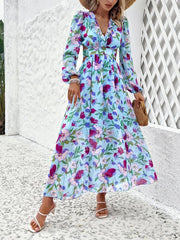 women's V-neck ruffled waist hollow holiday floral dress