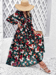 women's V-neck ruffled waist hollow holiday floral dress