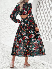 women's V-neck ruffled waist hollow holiday floral dress