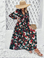 women's V-neck ruffled waist hollow holiday floral dress