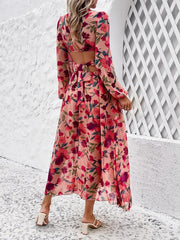 women's V-neck ruffled waist hollow holiday floral dress