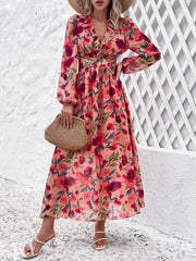 women's V-neck ruffled waist hollow holiday floral dress