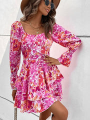 square neck floral print ruffle short dress - 808Lush