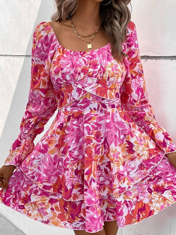 square neck floral print ruffle short dress - 808Lush