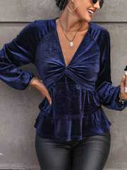 Women's v-neck velvet long-sleeved top