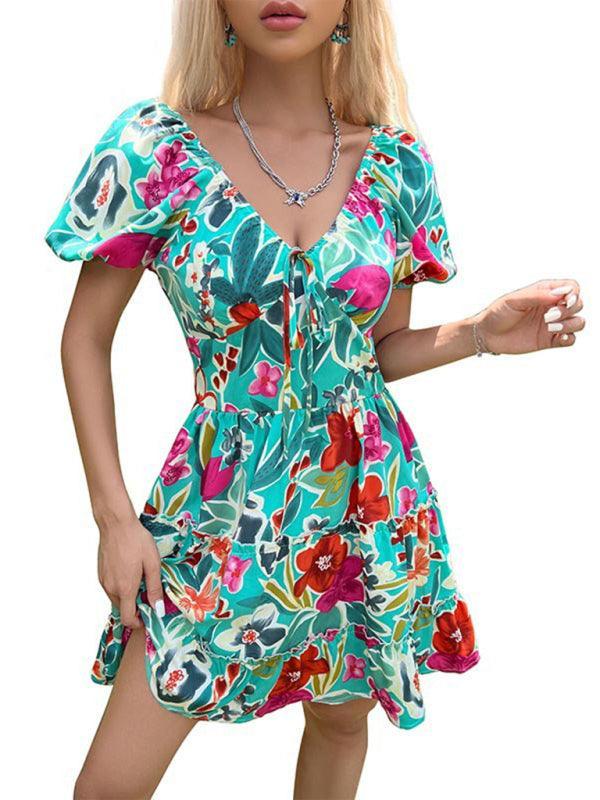 Women's ruffled V-neck smocked printed dress - 808Lush