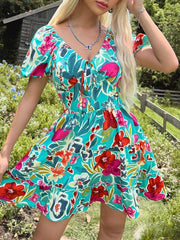 Women's ruffled V-neck smocked printed dress - 808Lush