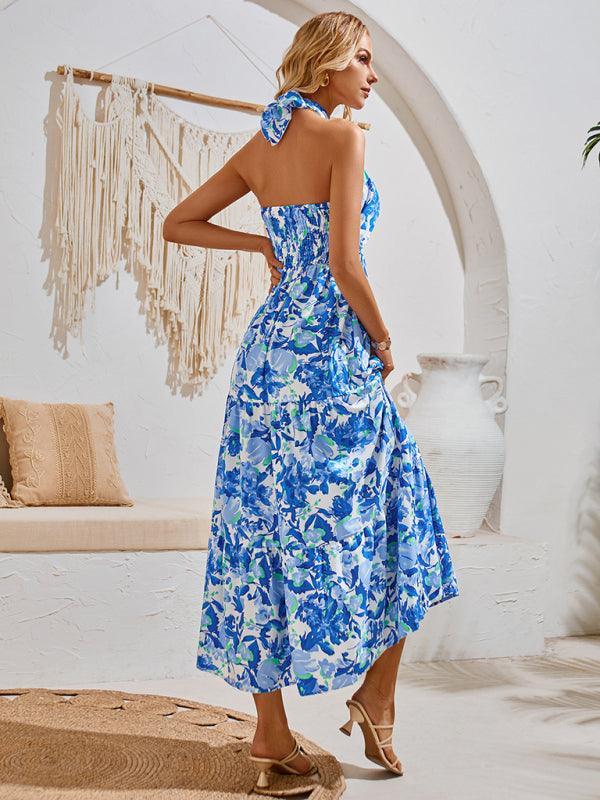 casual resort style printed halter neck dress - 808Lush