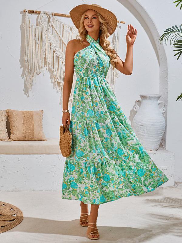 casual resort style printed halter neck dress - 808Lush