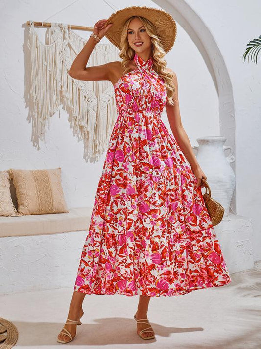 casual resort style printed halter neck dress - 808Lush