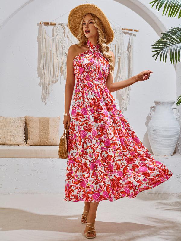 casual resort style printed halter neck dress - 808Lush