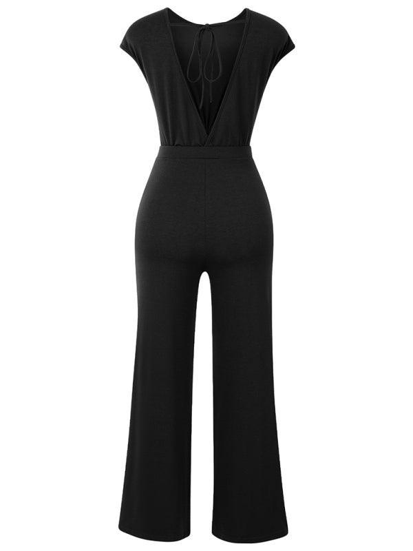 casual round neck short sleeve knitted women's jumpsuit - 808Lush