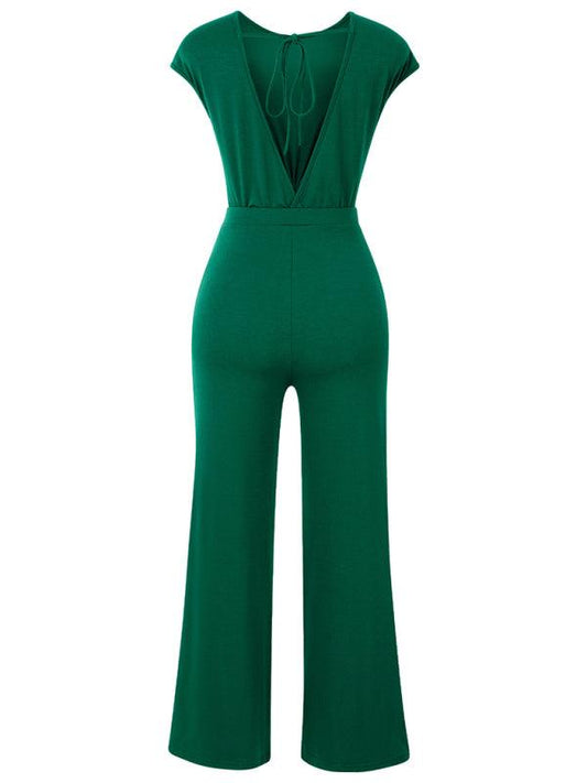 casual round neck short sleeve knitted women's jumpsuit - 808Lush