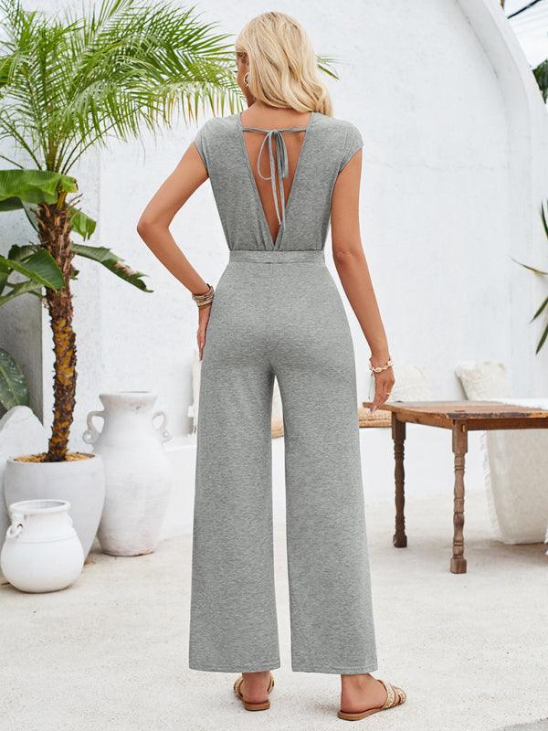 casual round neck short sleeve knitted women's jumpsuit - 808Lush