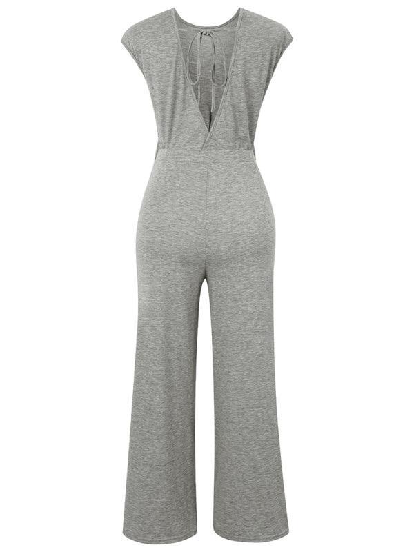 casual round neck short sleeve knitted women's jumpsuit - 808Lush