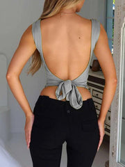 women's suspender cross large V-neck backless lace-up fashionable top - 808Lush