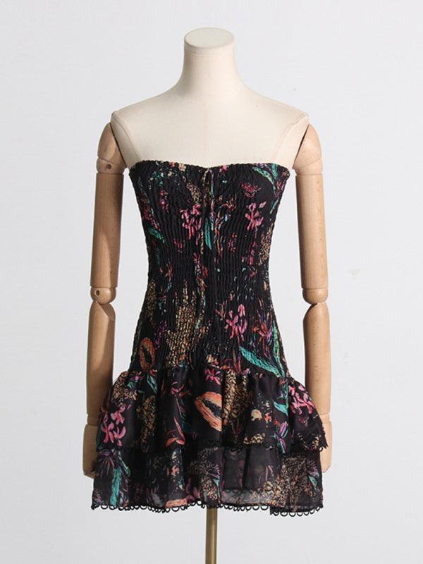 elegant printed halterneck design slim-fitting short dress - 808Lush