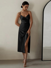 V-neck pleated waist suspender slit midi dress - 808Lush