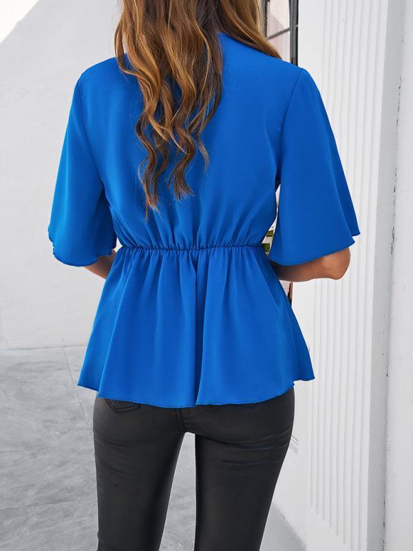 Women's solid color elegant short sleeve strappy tunic top - 808Lush