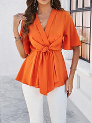 Women's solid color elegant short sleeve strappy tunic top - 808Lush