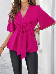 Women's solid color elegant short sleeve strappy tunic top - 808Lush