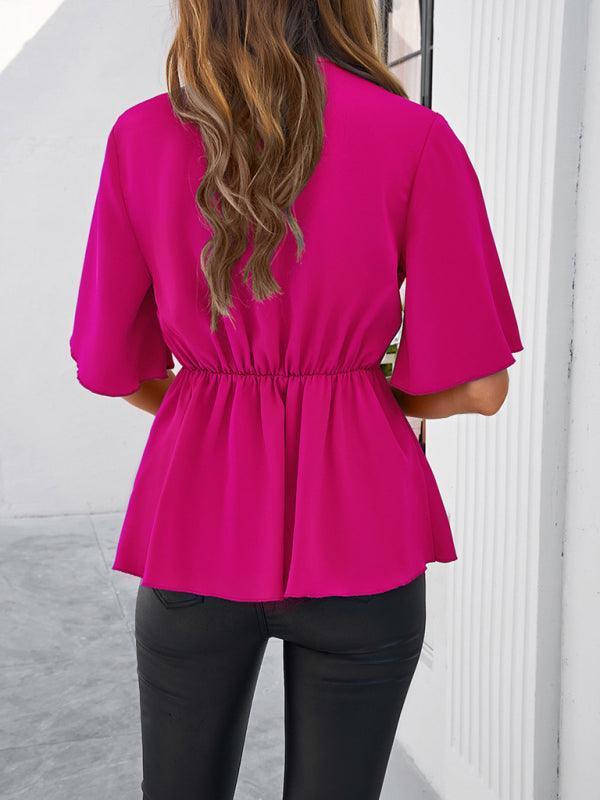 Women's solid color elegant short sleeve strappy tunic top - 808Lush