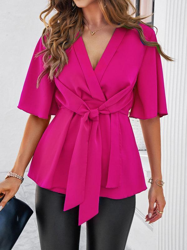 Women's solid color elegant short sleeve strappy tunic top - 808Lush