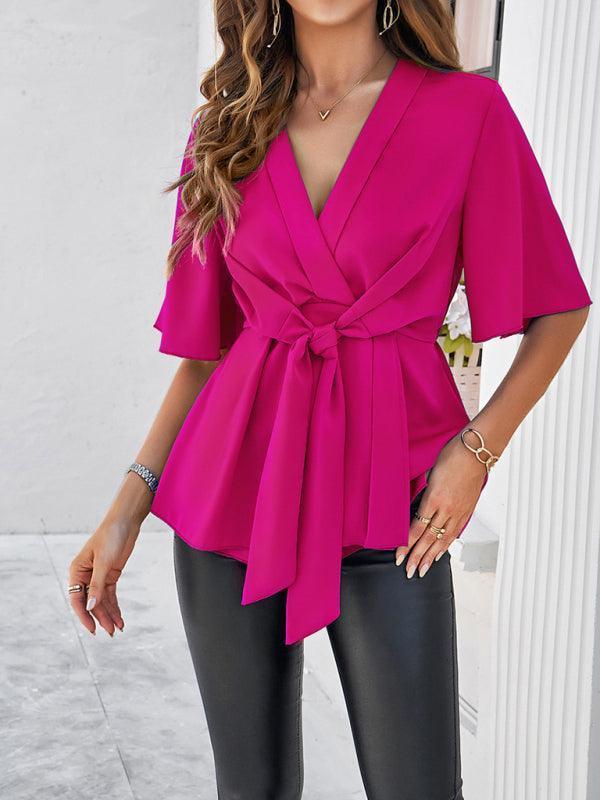 Women's solid color elegant short sleeve strappy tunic top - 808Lush