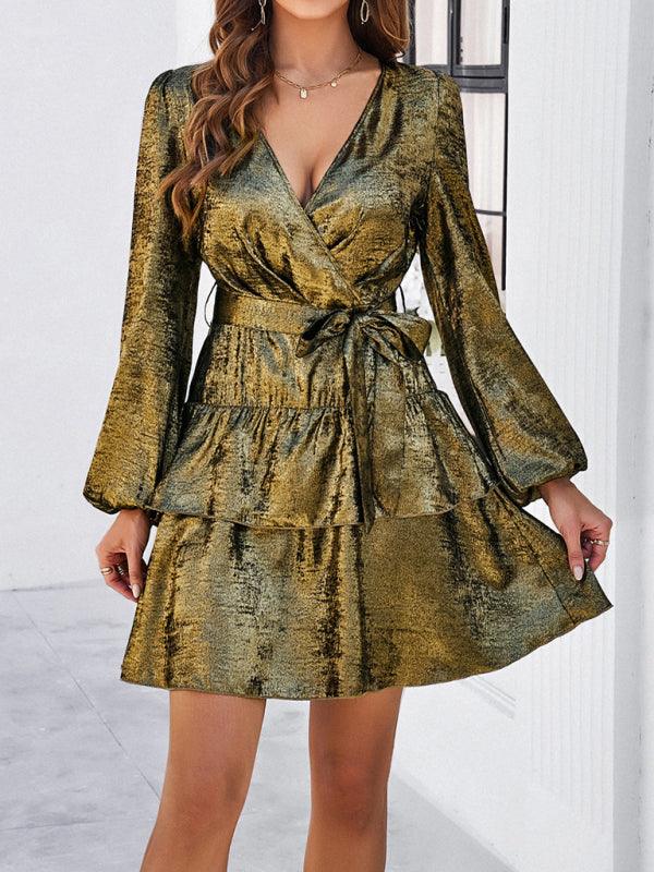 Women's V-neck waisted glossy solid color fabric long-sleeved dress - 808Lush