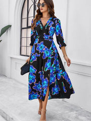 holiday casual printed V-neck slit dress - 808Lush