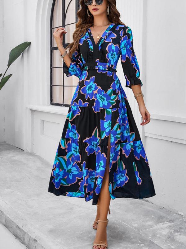 holiday casual printed V-neck slit dress - 808Lush