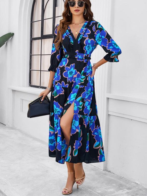 holiday casual printed V-neck slit dress - 808Lush