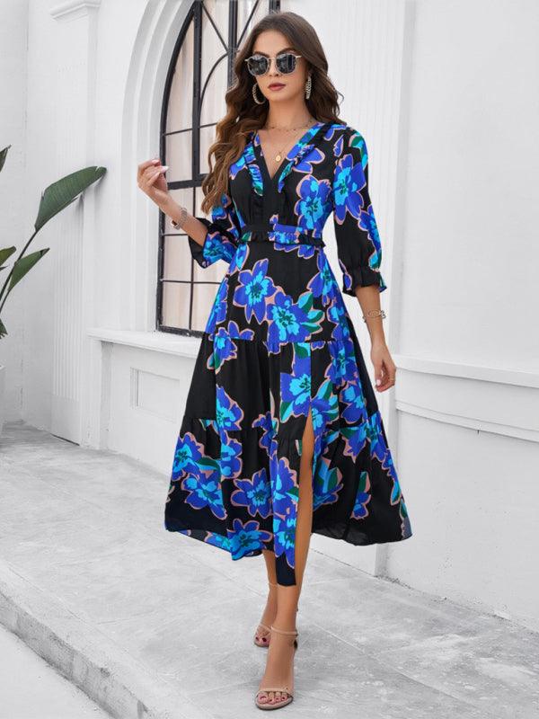 holiday casual printed V-neck slit dress - 808Lush