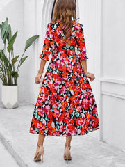 holiday casual printed V-neck slit dress - 808Lush