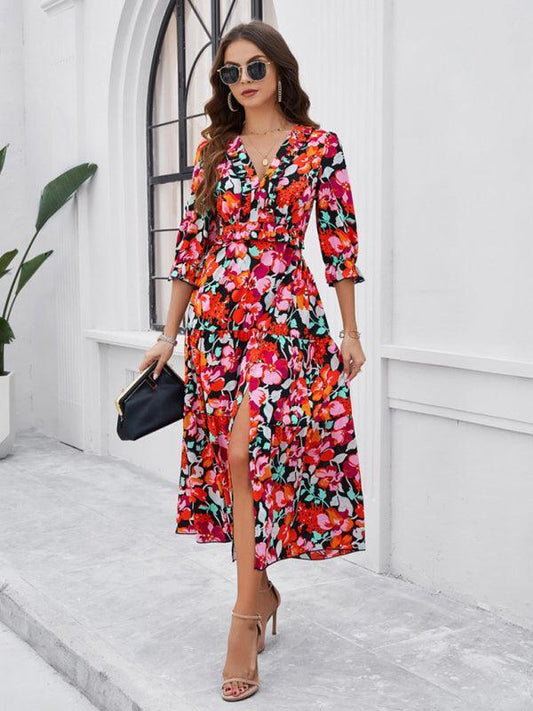 holiday casual printed V-neck slit dress - 808Lush