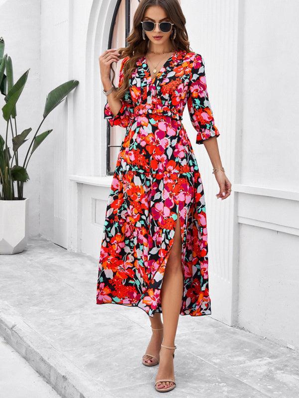 holiday casual printed V-neck slit dress - 808Lush