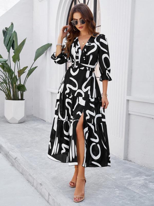 holiday casual printed V-neck slit dress - 808Lush