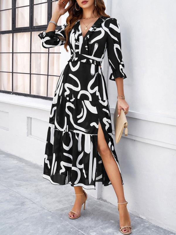 holiday casual printed V-neck slit dress - 808Lush