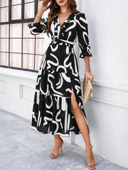 holiday casual printed V-neck slit dress - 808Lush