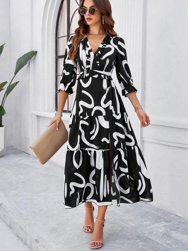 holiday casual printed V-neck slit dress - 808Lush