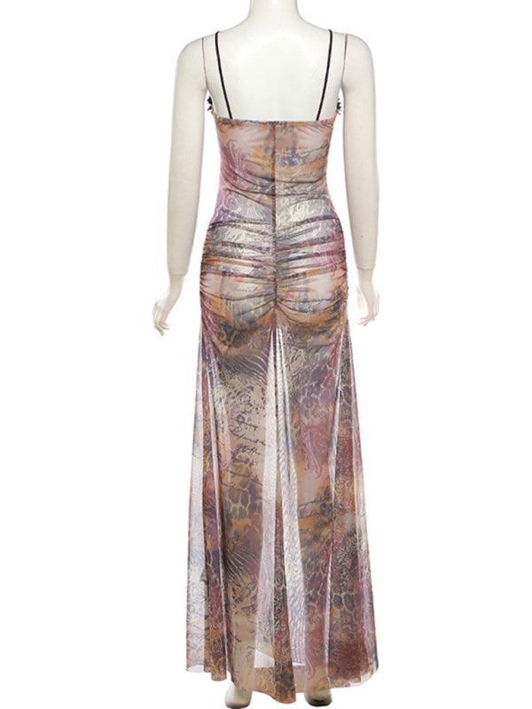 Fashion Digital Print Sexy Hollow Sleeveless Halter Neck Wrap Chest and Backless Long Dress - 808Lush