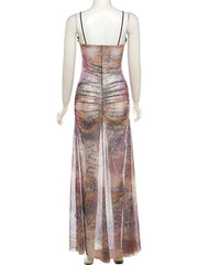 Fashion Digital Print Sexy Hollow Sleeveless Halter Neck Wrap Chest and Backless Long Dress - 808Lush