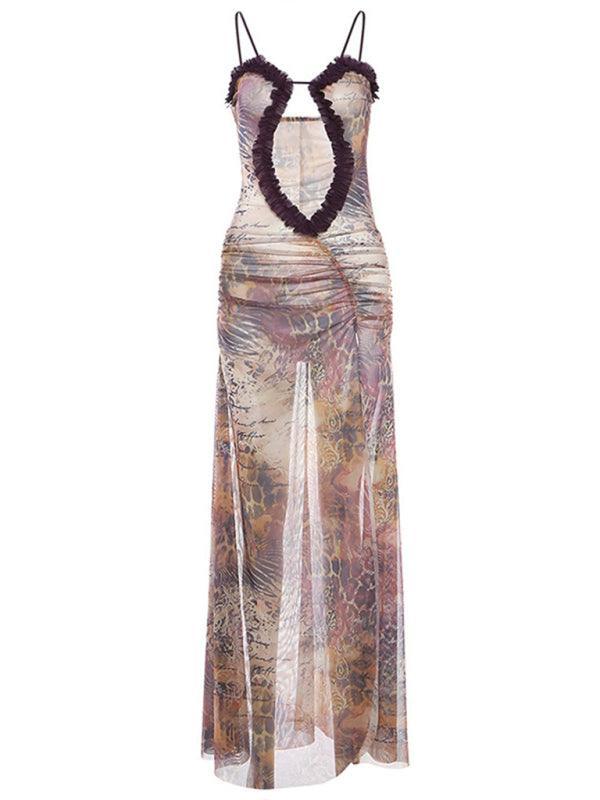 Fashion Digital Print Sexy Hollow Sleeveless Halter Neck Wrap Chest and Backless Long Dress - 808Lush