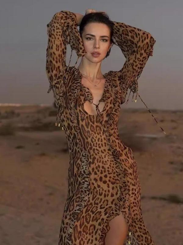 sexy leopard print long skirt with ruffled front slit and long sleeves - 808Lush