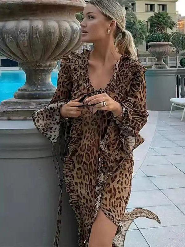 sexy leopard print long skirt with ruffled front slit and long sleeves - 808Lush