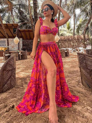 sexy printed holiday sleeveless three-piece bikini set (top + pants + skirt) - 808Lush