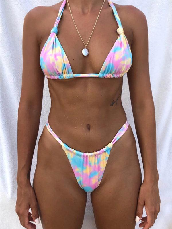 printed halterneck string buttoned bikini - 808Lush