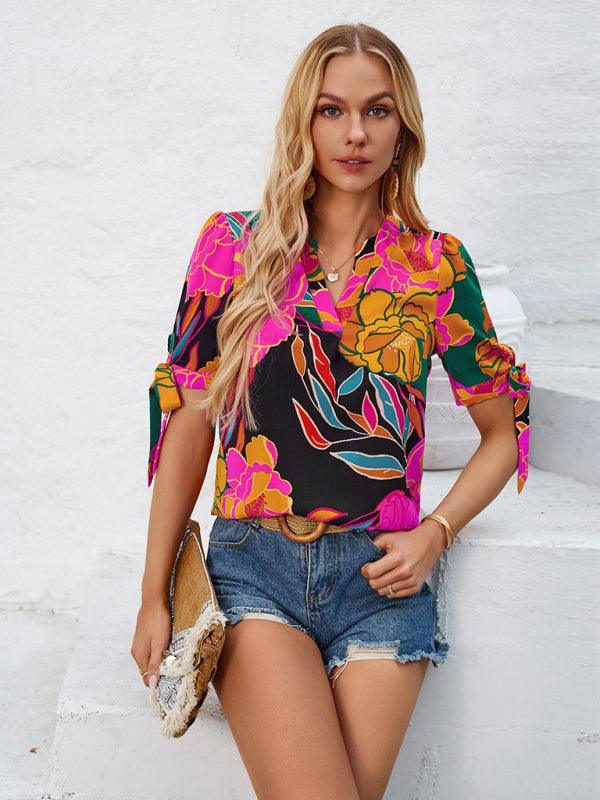 printed casual V-neck knotted top - 808Lush