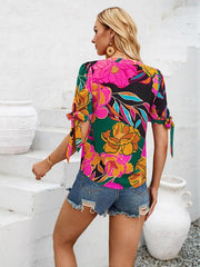 printed casual V-neck knotted top - 808Lush