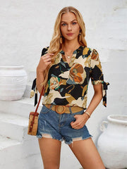 printed casual V-neck knotted top - 808Lush